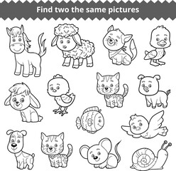 Obraz premium Find two the same pictures educational game for children with cute farm animals. Black and white matching activity worksheet for preschool kids. Fun printable puzzle for attention and visual skills