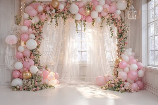 Pink and white balloon arch with flowers and fairy lights