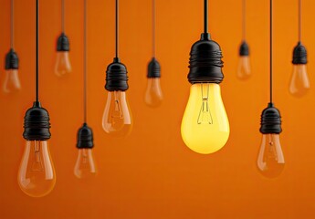 Numerous incandescent bulbs hang from wires, one brightly lit