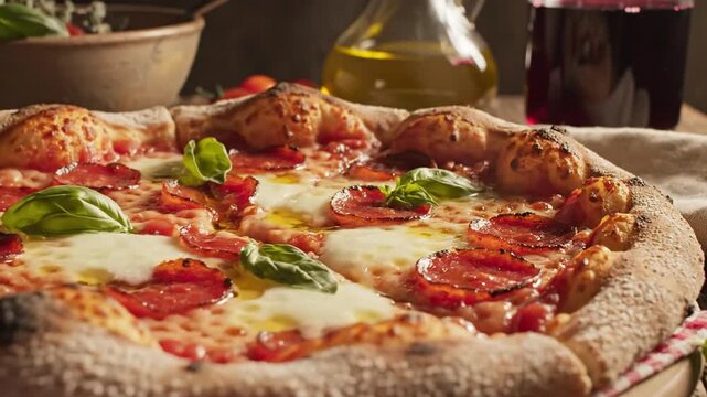 Freshly baked pepperoni pizza with melted cheese and basil leaves on wooden table with cherry tomatoes and olive oil perfect for Italian cuisine promotions