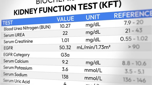 Kidney Function Test Report. Creatinine Urea Analysis, Renal Health Screening, Electrolyte Balance Assessment, GFR Evaluation and Diagnostic Monitoring Insights. Random KFT Test Report. 2D Video
