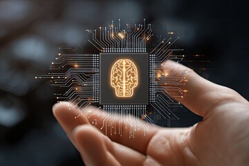 Glowing brain on a microchip held in a hand, circuit board lines radiate