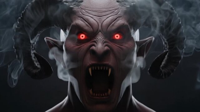 Scary Demon with Glowing Red Eyes and Smoke