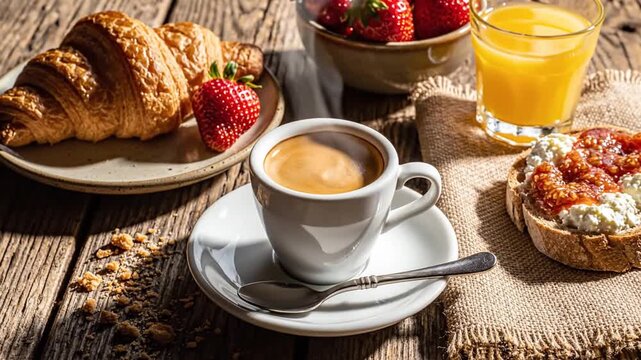 Steaming espresso cup with croissant, fresh strawberries, orange juice, and bread with ricotta cheese and jam on rustic wooden table perfect for breakfast scenes