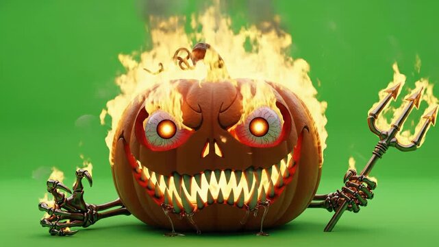 Scary Halloween Pumpkin Character on Fire Holding a Trident on Green Screen