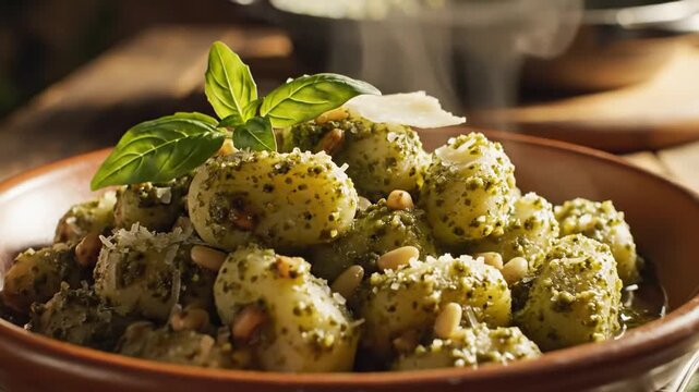Steaming hot gnocchi pasta with pesto sauce, pine nuts, parmesan, and fresh basil in rustic bowl on wooden table, perfect Italian comfort food