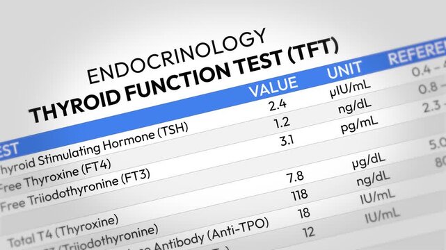 Thyroid Function Test Report. TSH, T3, T4 Hormone Analysis, Endocrine Health Screening, Metabolic Assessment, Diagnostic Evaluation, Clinical Monitoring. Random TFT Test Report. 2D Video Animation