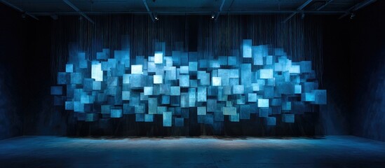 A mesmerizing installation of glowing blue cubes suspended in a dark space