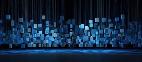 Abstract blue cubes cascade down from a dark ceiling onto a textured floor