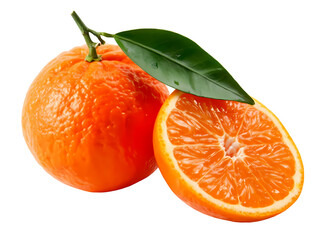 Fresh orange with leaf and cut half isolated on transparent background