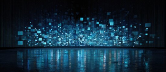 A dark, futuristic scene with glowing blue digital cubes and reflections