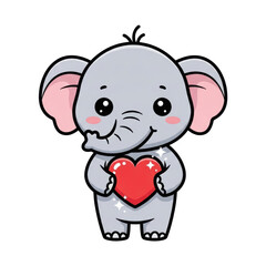 Fototapeta premium Cute baby elephant cartoon character holding a sparkling red heart, depicted in a sweet and endearing style with a soft grey body and pink ears. isolated PNG with Transparent Background