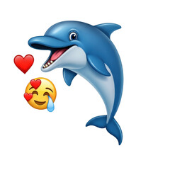 Obraz premium Playful blue dolphin emoji with a happy expression and two red hearts, alongside a crying laughing emoji with heart eyes, isolated. isolated PNG with Transparent Background