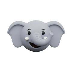 Obraz premium Cute 3D render of a baby elephant's head with a smiling expression, featuring large ears, a curled trunk, and small black eyes, isolated. isolated PNG with Transparent Background