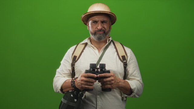 Man with grey beard holding binoculars and backpack, wearing pith helmet and bracelets against a vivid green studio wall; curiosity travel exploration.