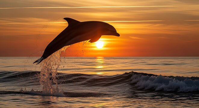 Silhouette of a joyful dolphin leaping high above the ocean waves against a dramatic and vibrant golden orange sunset backdrop creating a stunning natural wildlife moment.