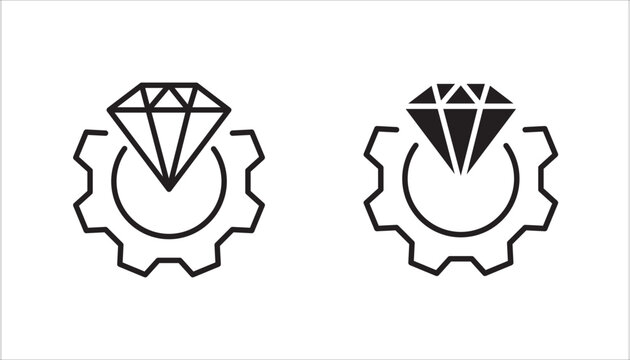 Minimalist line icon of a diamond above a gear. Concept of premium service, quality settings, luxury customization, value optimization, and high standard configuration. Simple outline vector isolated 