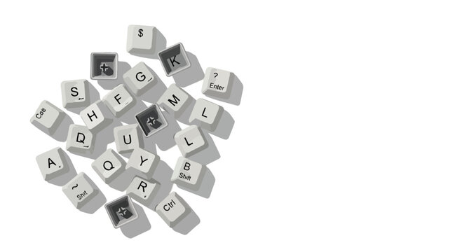 Close-up of scattered gray and black letter blocks with white and black letters on a clean white background with a minimalist aesthetic.