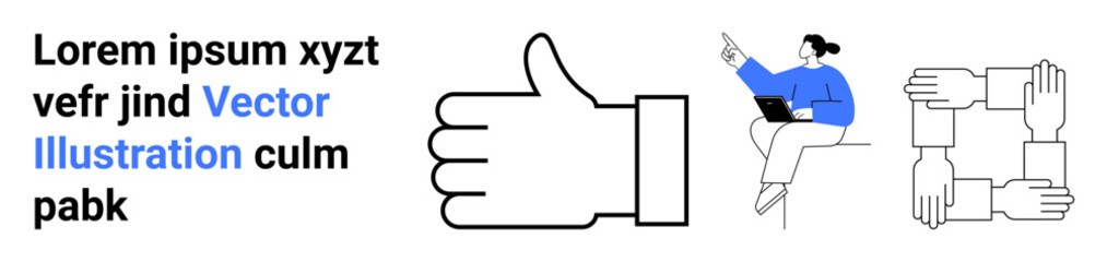 Obraz premium Teamwork, approval, digital collaboration, remote work, communication, graphic design. Hand thumbs up, joined hands symbol and laptop user. Teamwork and approval concepts for collaboration