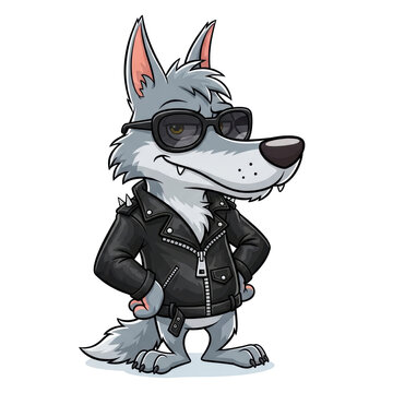 Cool cartoon wolf character wearing a black leather jacket and dark sunglasses, standing with hands on hips and a confident smirk, depicted in a stylized vector illustration. isolated PNG with