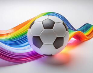 A black and white soccer ball rests on a white surface, surrounded by a vibrant, undulating rainbow ribbon. Dynamic, colorful, and symbolic of sport and diversity.