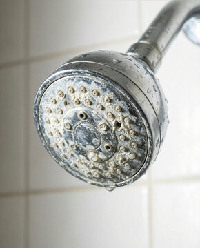 Close up of a dirty chrome shower head covered in white limescale and hard water deposits