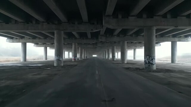 Concrete highway underpass with repeating pillars and graffiti leading to distant light, evoking an abandoned urban atmosphere.