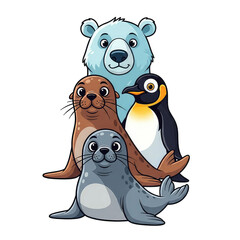 Group of cute polar animals including bear, seals and penguin, transparency.