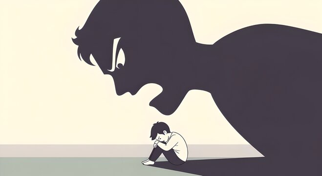 An impactful illustration depicting the profound emotional impact of intimidation and verbal abuse, with a vulnerable child cowering under the overwhelming shadow of an angry figure