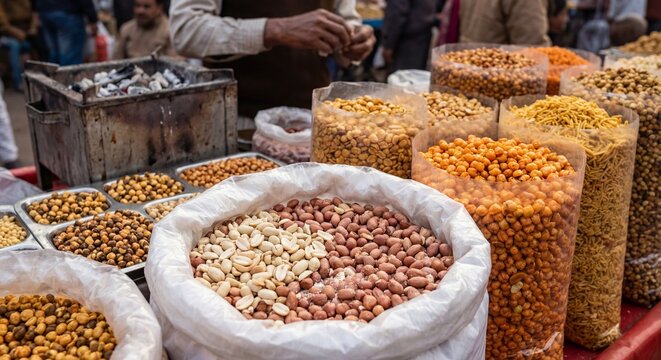 Assorted Traditional Indian Roasted Savory Snacks and Peanuts at a Street Market Stall
