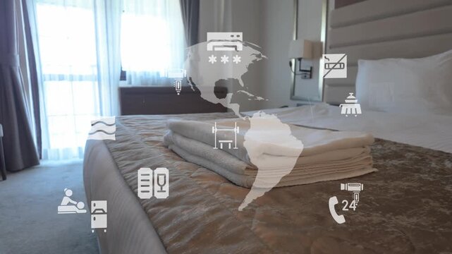 Bright Hotel Suite With Icons Overlay, Soft Sunlight Through Balcony Window, Neatly Folded Towels And Stacked