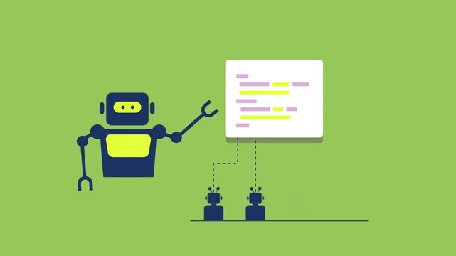 Robotic intelligence leads synchronized network of AI agents, architecting algorithmic workflow and computational protocol, machine learning languages.