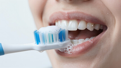 Close Up of Woman Brushing Teeth With Foamy Toothpaste Promoting Daily Oral Hygiene