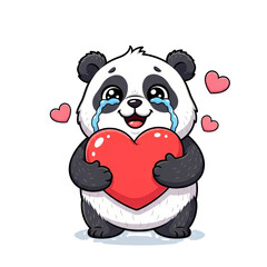 Obraz premium Adorable cartoon panda character with big teary eyes, holding a glossy red heart and surrounded by small pink hearts, expressing overwhelming love and emotion in a cute