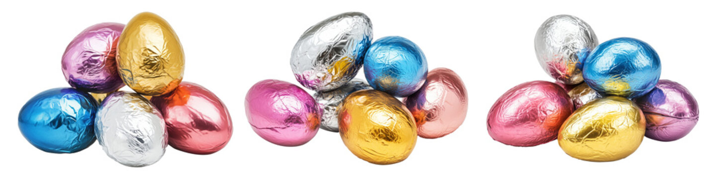 Set of Chocolate Easter eggs wrapped in metallic foil of gold, silver, pink, and blue isolated on white transparent background