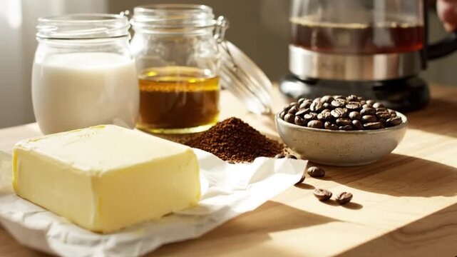 Ingredients for making coffee and morning breakfast with butter, beans, grounds, and milk
