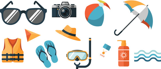Summer Beach Vacation Vector Icon Set with Sunglasses, Camera, Umbrella, Hat, Snorkel, Flip Flops, Sunscreen and Travel Holiday Essentials. © MstSuborna
