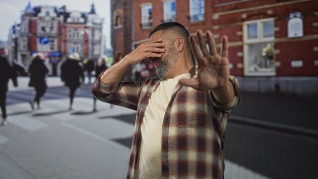 Man with hands raised palm out in a stop gesture on a street in front of brick buildings wearing flannel shirt; defensive refusal.