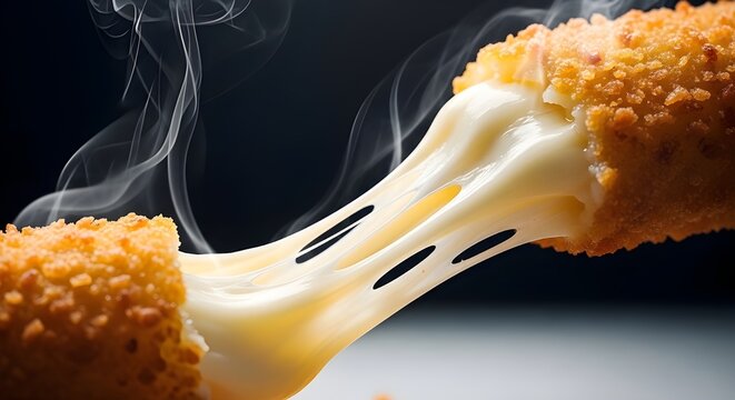 Crispy Mozzarella Stick With Golden Breading And Cheese Pull, Fried Appetizer Snack Texture Background, Hot Comfort Food Concept For Restaurant Menu Macro Closeup Shot
