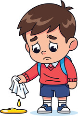 Obraz premium A young schoolboy looking sad and holding a cloth with a stain on it.