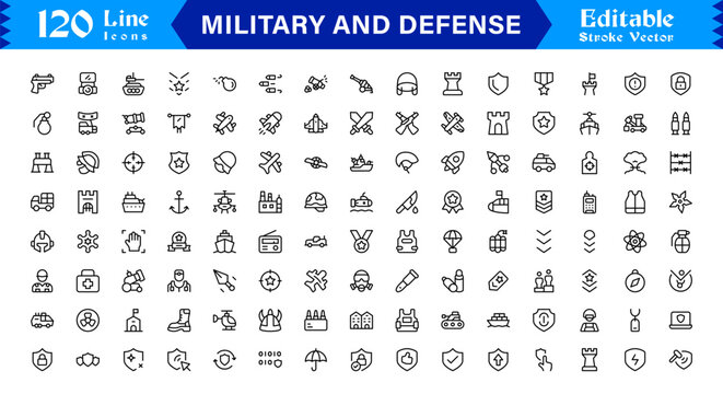 Military and Defense Line Icon Set: Professional, Modern, and Minimal Outline Symbols for Strategic Operations