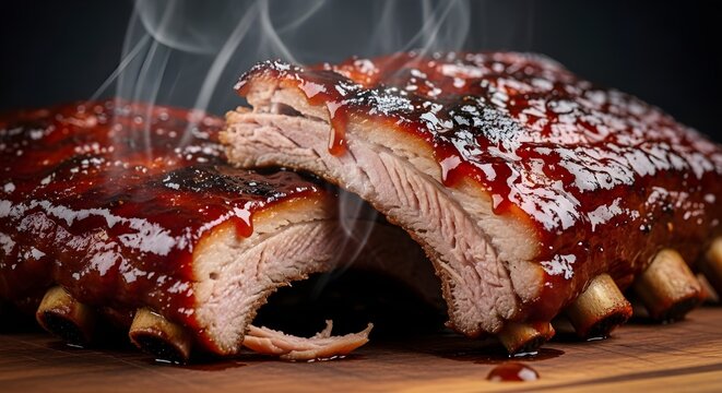 Juicy Ribs With Barbecue Sauce Glossy On Bone And Meat, Slow Cooked Grilled Pork Texture Background, Smoky BBQ Food Concept For Restaurant Menu Macro Closeup Shot
