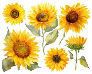 Obraz premium Watercolor depiction of several sunflowers in varying stages and angles