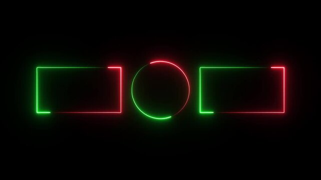 Glowing neon square rectangle picture frame with circle frame icon animation display neon box footage shape round seamless border retro movement.