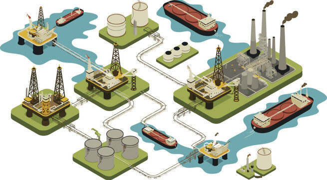 Oil and gas industry infrastructure with offshore drilling platforms, refinery plant and tanker ships, isometric vector illustration