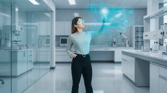 Scientist woman interacting with holographic data interface inside modern laboratory