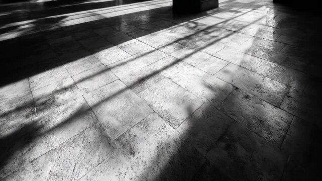 Dramatic black and white sunlight on stone floor creates shadows
