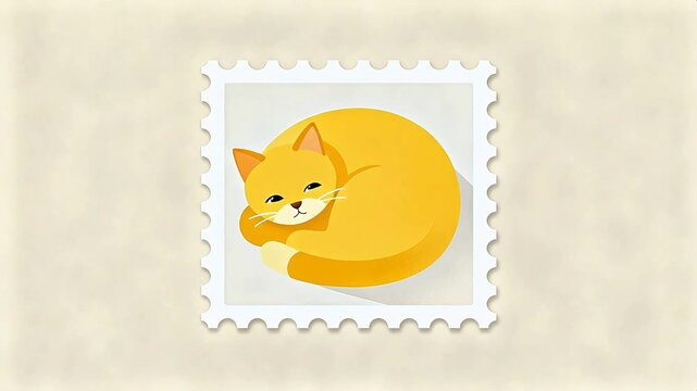 Cute yellow cat sleeping on stamp