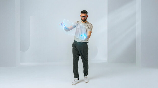 Bearded man manipulating holographic interface in minimalist white studio