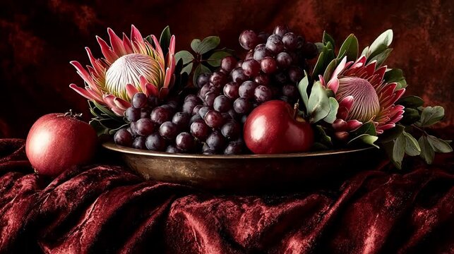 Fruit and flower arrangement on velvet